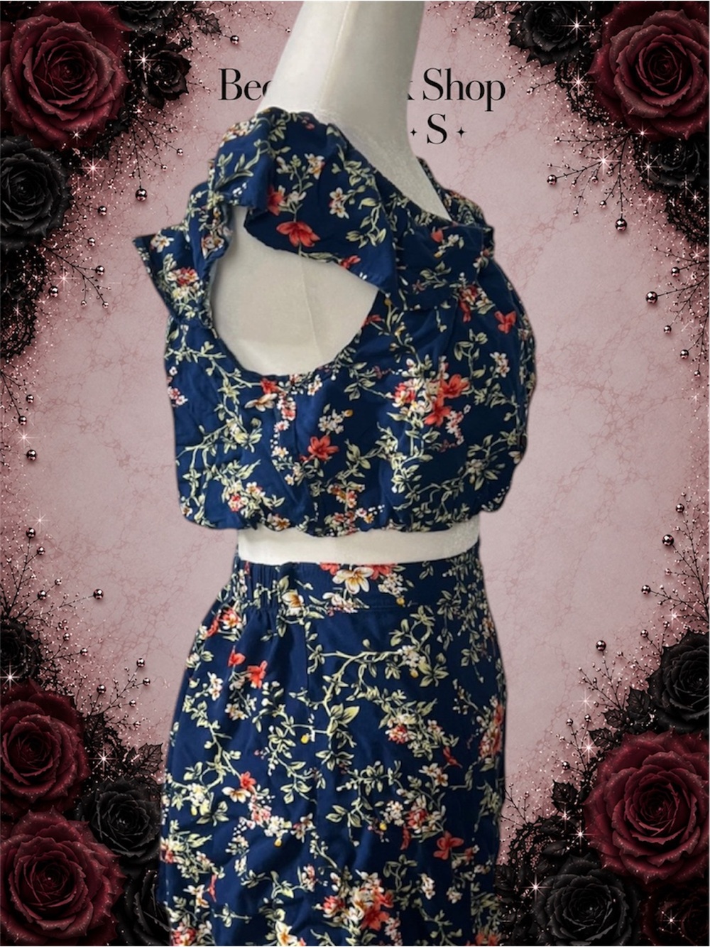 Preowned Xhilaration Floral 2-Piece Set Crop Top Medium & Skirt XS Blue Red Flor - Picture 9 of 10
